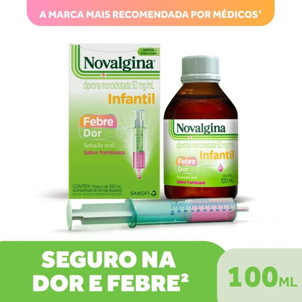 Novalgina Infantil Dipirona 50mg/ml Sabor Framboesa 100ml + Seringa para Febre e Dor