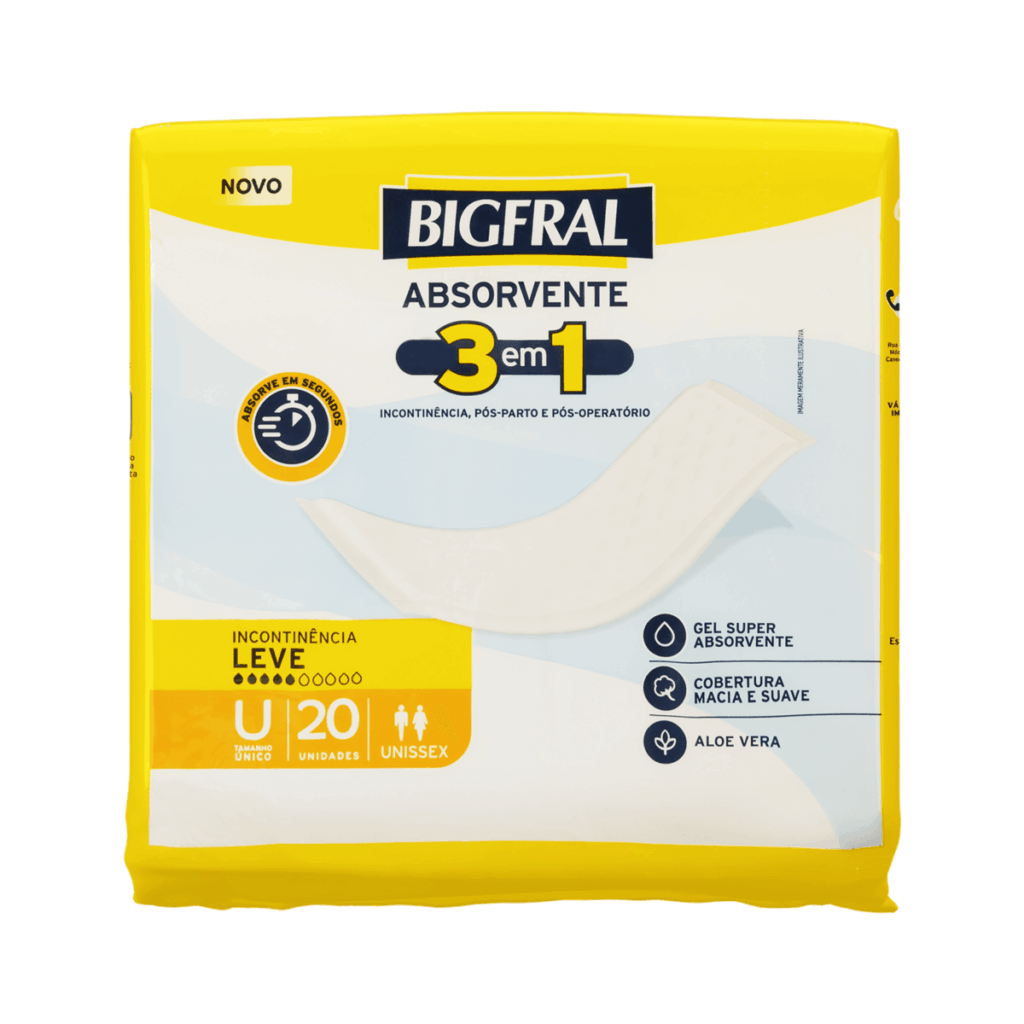 Absorvente Geriátrico Bigfral 3 em 1 Cobertura Macia Suave Sem Abas Fluxo Leve Tamanho Único 20 Unidades