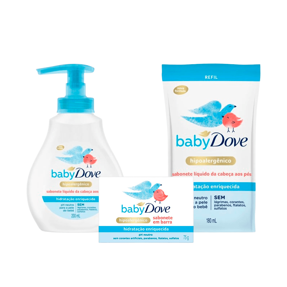 Kit Infantil Dove Hidratação Sabonete Líquido 200ml + Refil Sabonete Líquido 180ml + Sabonete em Barra 75g