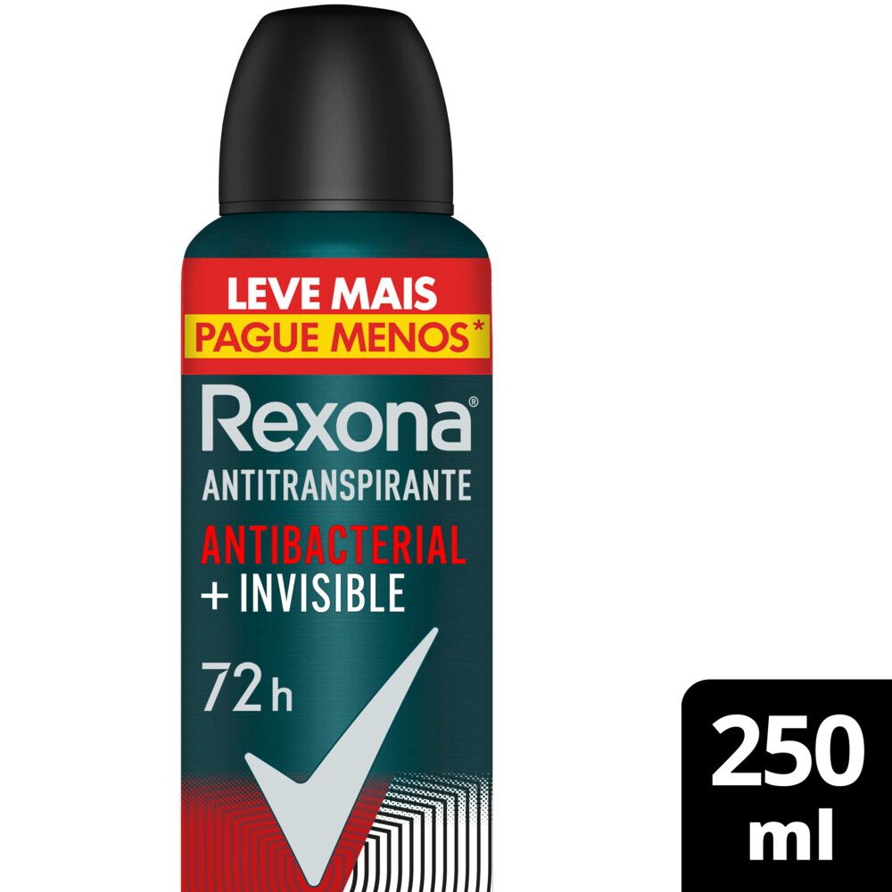Desodorante Antitranspirante Rexona Men Antibacterial + Invisible 72h Aerossol 250ml