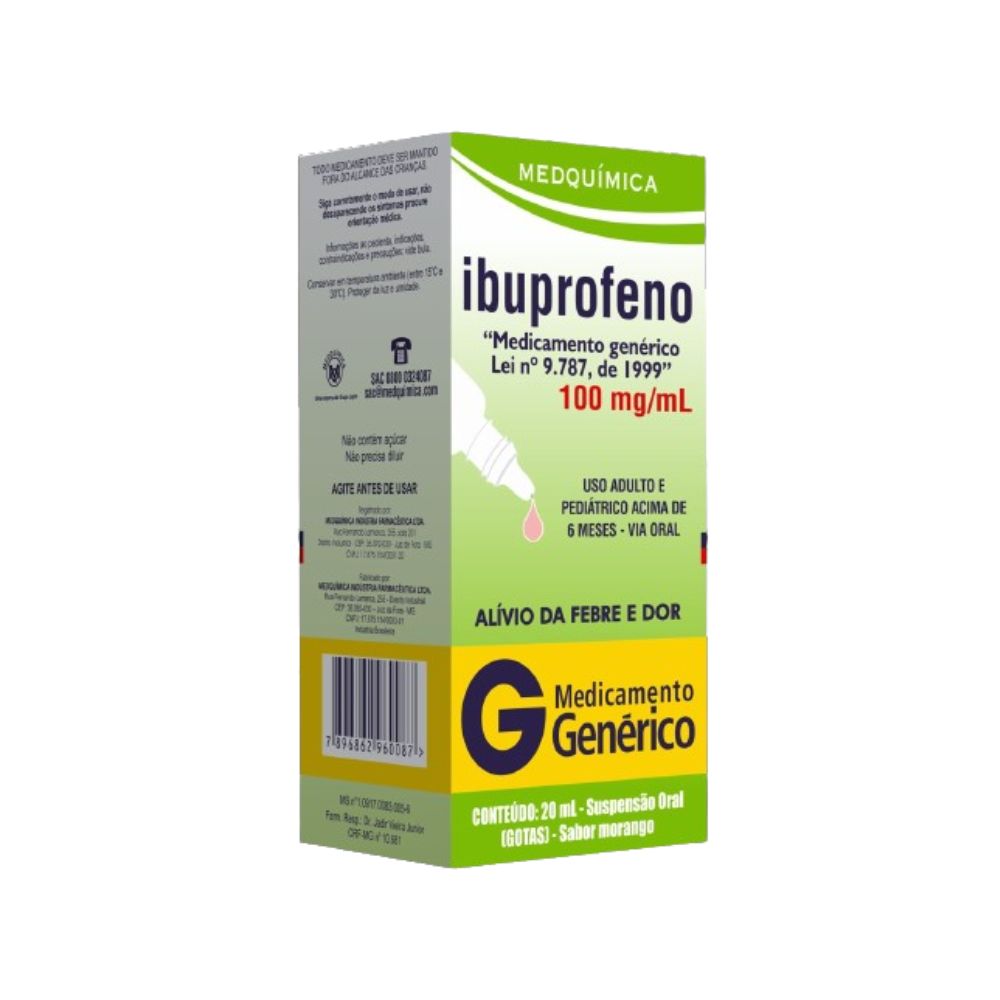 Ibuprofeno 100mg/ml Sabor Morango Suspensão Oral Gotas 20ml Genérico Medquímica
