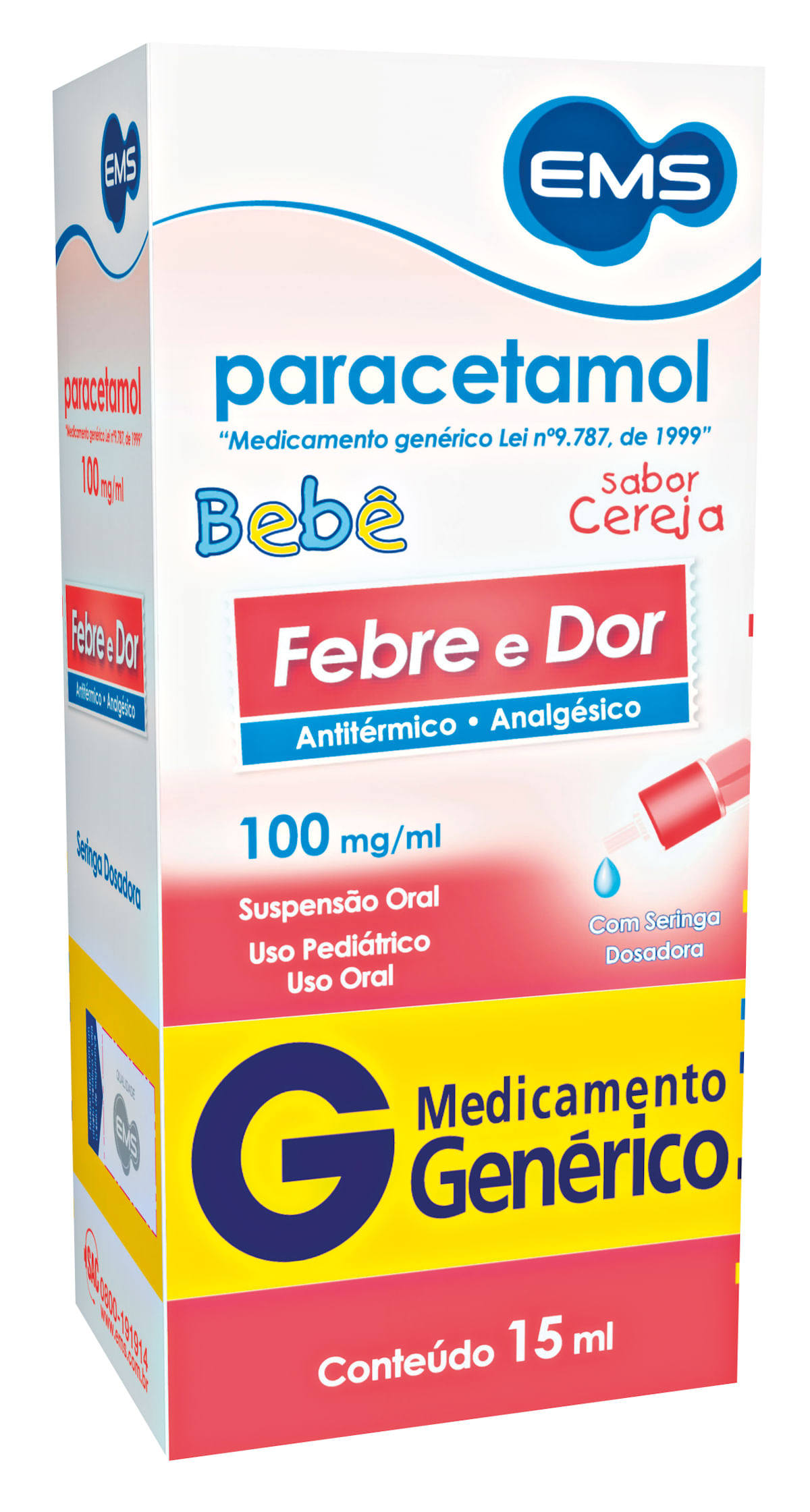 Paracetamol Bebê 100mg/ml Sabor Cereja Suspensão Oral 15ml Genérico EMS